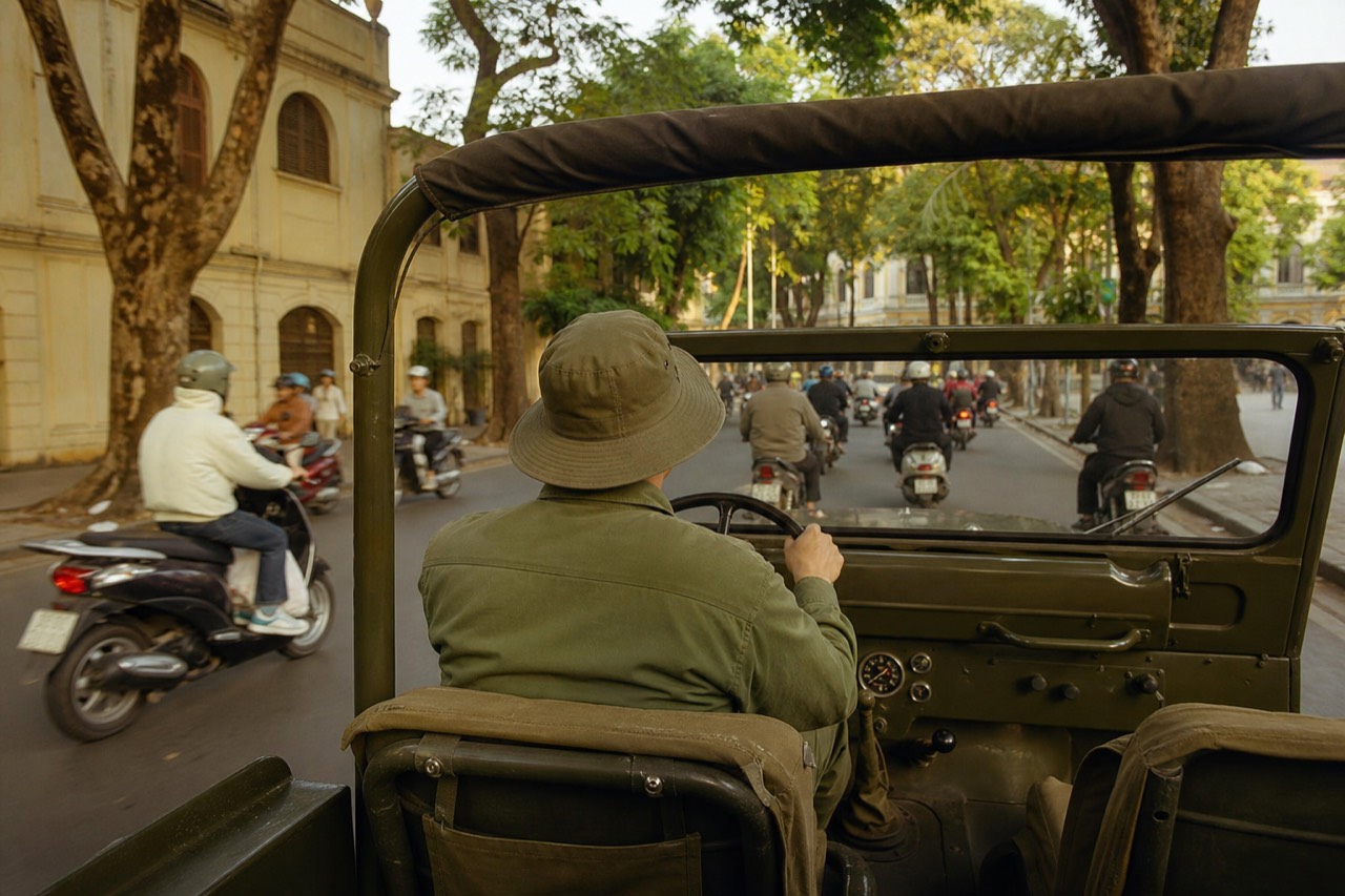 Vintage olive-green GAZ-69 army jeep parked on a narrow Hanoi Old Quarter street